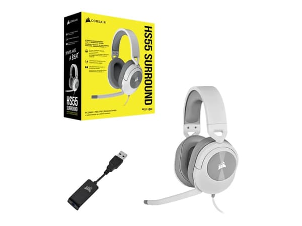 CORSAIR Gaming HS55 SURROUND - Headset - fullstorlek - kabelansluten - 3,5 mm kontakt - vit