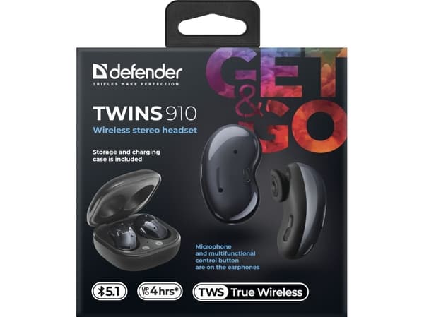 Defender Twins 910, hodetelefoner med mikrofon, volumkontroll, svarte, In-ear (in-ear type) hodetelefoner, BT 5.1, TWS, etui ładujące type bluetooth