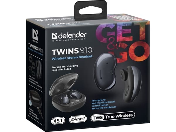 Defender Twins 910, hodetelefoner med mikrofon, volumkontroll, svarte, In-ear (in-ear type) hodetelefoner, BT 5.1, TWS, etui ładujące type bluetooth