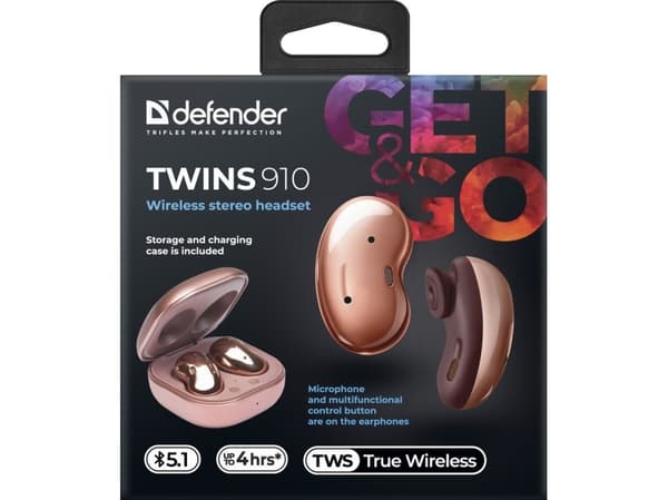 Defender Twins 910, kuulokkeet mikrofonilla, äänenvoimakkuuden säätö, oranssi, In-ear-kuulokkeet, BT 5.1, TWS, etui ładujące typ bluetooth