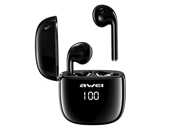 AWEI Bluetooth 5.0 T28P TWS hodetelefoner + dokkingstasjon svart/svart
