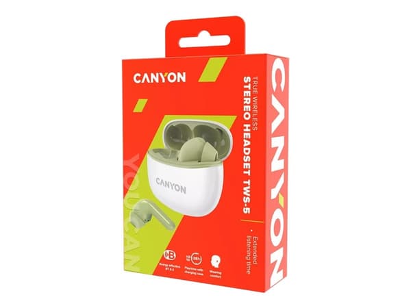 Canyon CNS-TWS5GR, Langaton, Puhelut/Musiikki/Urheilu/Päivittäinen, 20 - 20000 Hz, 36 g, Kuulokkeet, Vihreä, Valkoinen