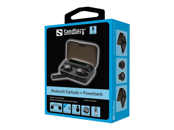 Sandberg Bluetooth Earbuds + Powerbank - ekte trådløse øretelefoner med mikrofon. - øretupp / in-ear - Bluetooth® 5.1 - opptil 6 timers batterileveti