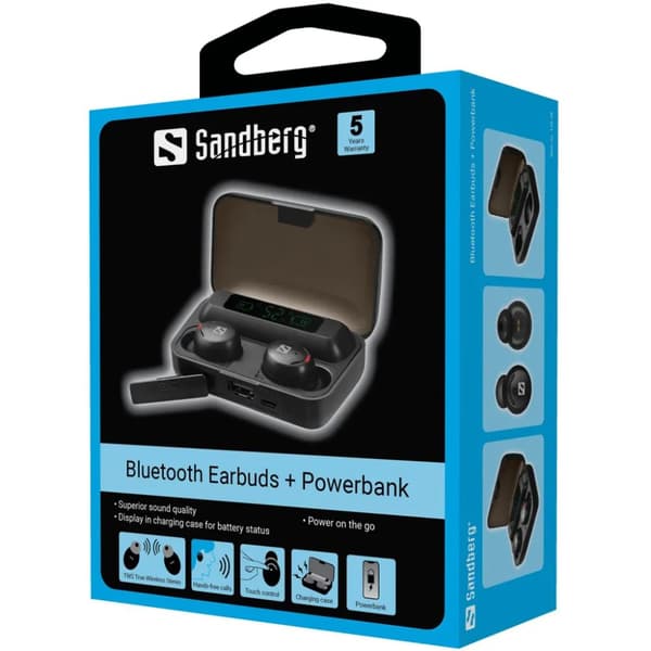 Sandberg Bluetooth Earbuds + Powerbank - ekte trådløse øretelefoner med mikrofon. - øretupp / in-ear - Bluetooth® 5.1 - opptil 6 timers batterileveti