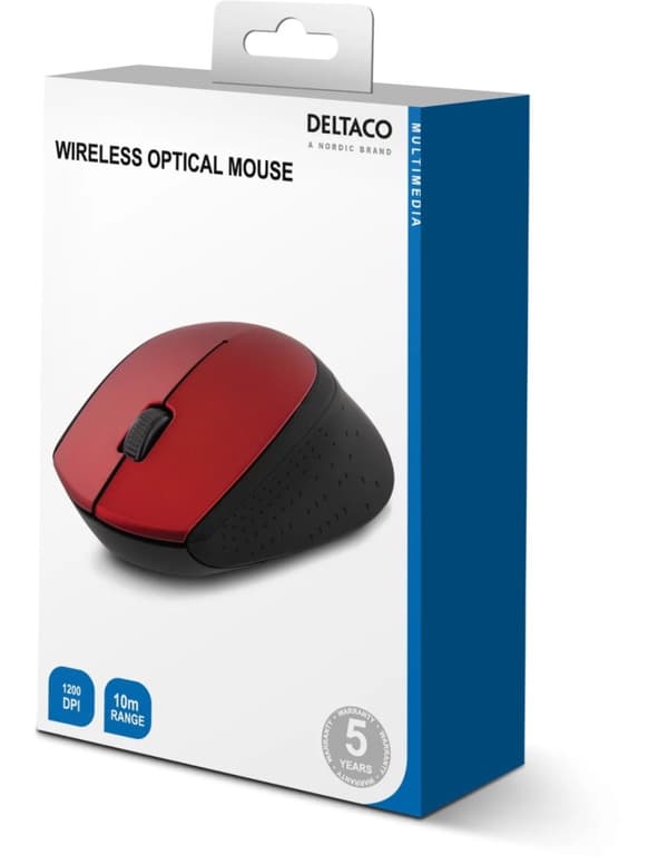 DELTACO trådlös optisk mus 2,4GHz, 3 knappar med scroll, 1200 DPI, röd