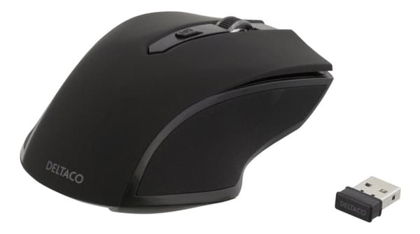 DELTACO trådlös optisk mus, 5 knappar med scroll, 1600 DPI, USB, svart