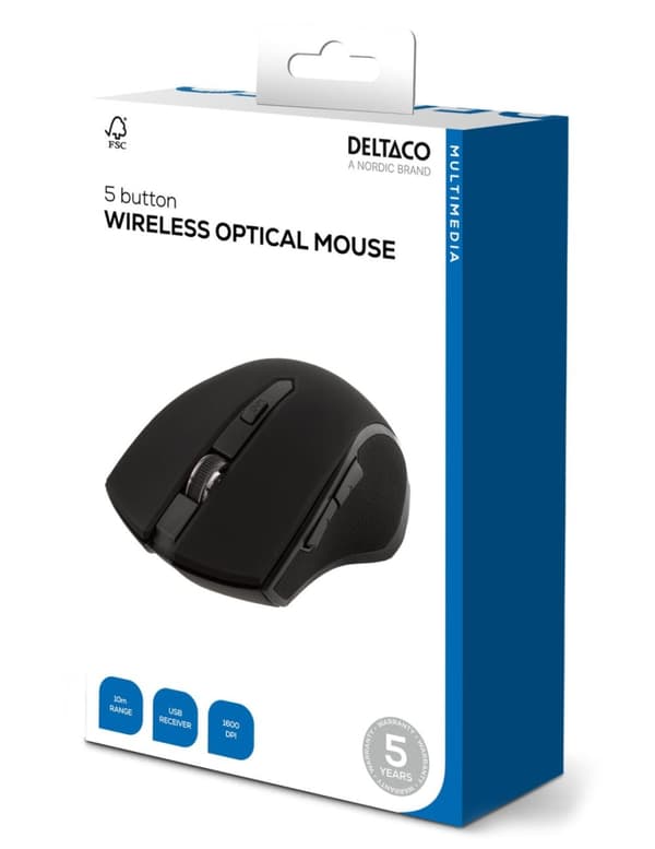 DELTACO trådlös optisk mus, 5 knappar med scroll, 1600 DPI, USB, svart