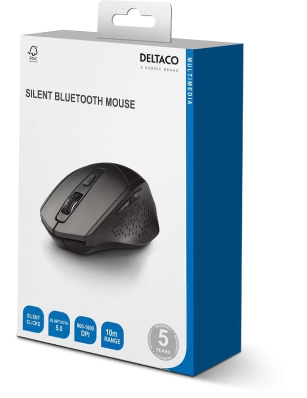 DELTACO lydløs trådløs mus, Bluetooth, 1x AA, 800-1600 DPI, mørkegrå