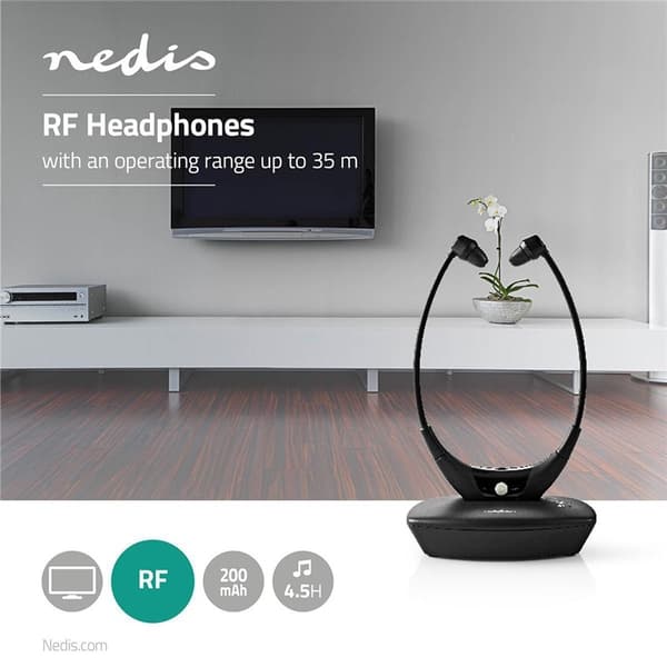 Nedis Trådløst TV hovedtelefoner | RF | In-Ear | Maksimal batteritid: 4.5 timer | 35 m | Digital lyd | Opladningsstation | Balancekontrol | Sort