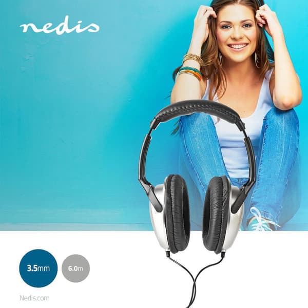Nedis Over-Ear hodetelefoner med kabel | 3.5 mm | Kabellengde: 6.00 m | Volumkontroll | Sort / Sølv