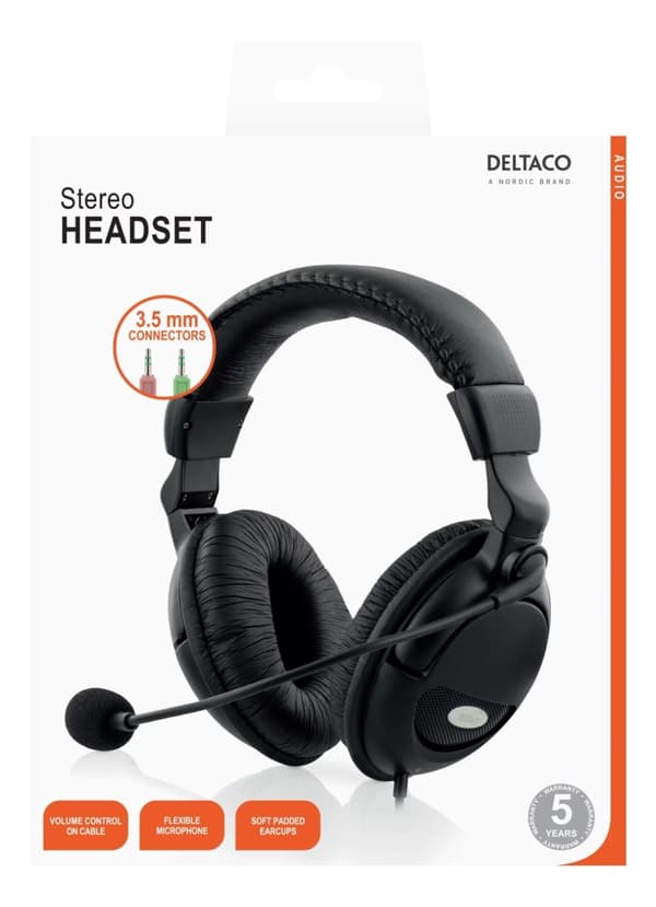 DELTACO headset med mikrofon, volumenkontrol på kablet, 2x3,5mm, 2m k