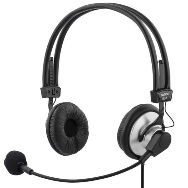 DELTACO headset med mikrofon og volumkontroll 2,m kabel,svart