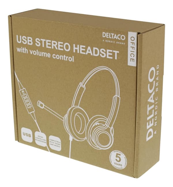 DELTACO Office USB stereoheadset, Teams och Webex-kompatibelt, volymkontroll, brusreducerande mikrofon, svart