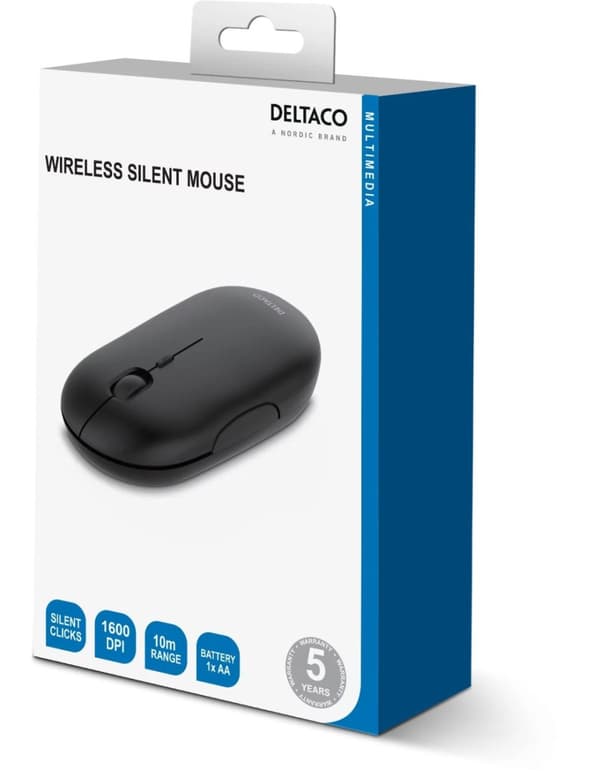 DELTACO trådløs, kompakt og lydløs mus, 1600 DPI, USB-mottaker, 4 knapper, mørkegrå