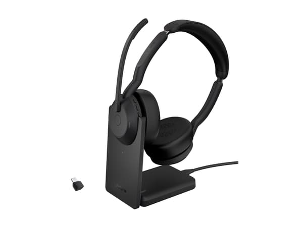 Jabra Evolve2 55 UC Stereo - Headset - på øret - Bluetooth - trådløs - aktiv støjfjerning - USB-A - sort - med opladningsstander - Zoom Certified, Ce