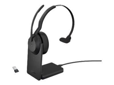 Jabra Evolve2 55 MS Mono - Hodesett - on-ear - Bluetooth - trådløs - aktiv støydemping - USB-A via Bluetooth-adapter - svart - med ladestativ - Zoom