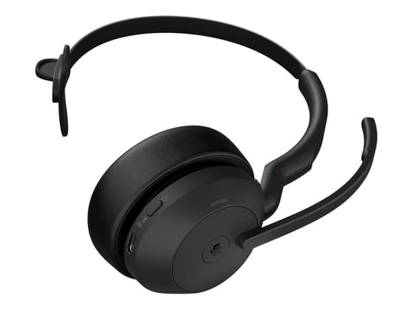 Jabra Evolve2 55 MS Mono - Hodesett - on-ear - Bluetooth - trådløs - aktiv støydemping - USB-A via Bluetooth-adapter - svart - med ladestativ - Zoom