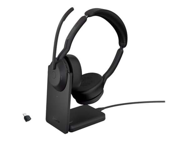 Jabra Evolve2 55 UC Stereo - Headset - på örat - Bluetooth - trådlös - aktiv brusradering - USB-C - svart - med laddningsställ - Zoomcertifierad, Cis