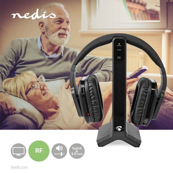 Nedis Trådløs TV hodetelefoner | RF | Over-Ear | Maksimal batteritid: 8 timer | 25 m | Digital lyd | Ladestasjon | Sort