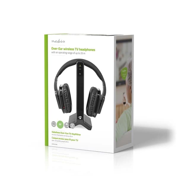 Nedis Trådløs TV hodetelefoner | RF | Over-Ear | Maksimal batteritid: 8 timer | 25 m | Digital lyd | Ladestasjon | Sort