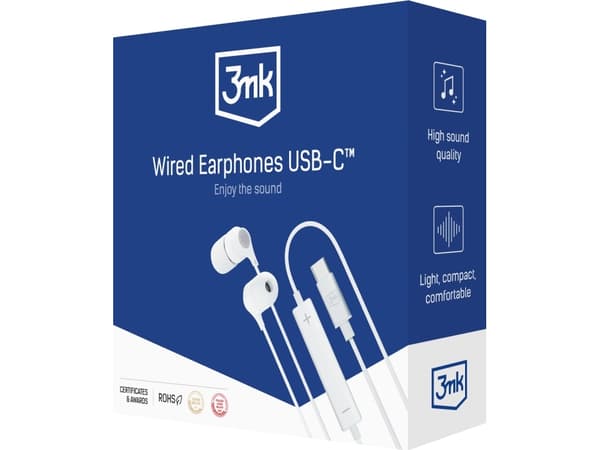 3MK Wired USB-C, Koblet med ledninger (ikke trådløs), Samtaler/musikk, 20 - 20000 Hz, Hodesett, Hvit