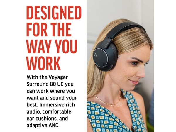 POLY Voyager Surround 80 UC USB-C Headset + USB-C/A-adapter, Trådlös, Musik/vardag, 275 g, Headset, Svart