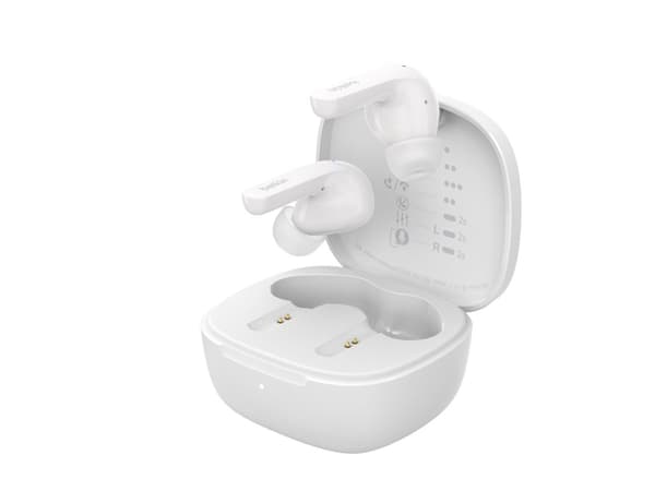 Belkin SoundForm Motion - True wireless-hodetelefoner med mikrofon - i øret - Bluetooth - aktiv støydemping - lydisolerende - hvit