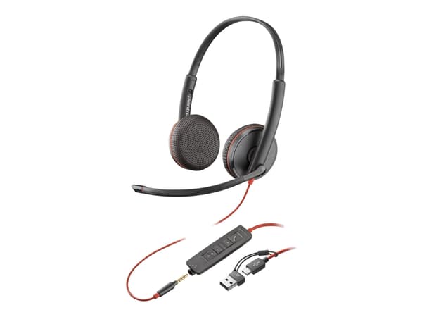 Poly Blackwire 3225 - Blackwire 3200 Series - kuulokkeet - on-ear - langallinen - aktiivinen melunvaimennus - 3,5 mm:n liitin, USB-C - musta - sertif