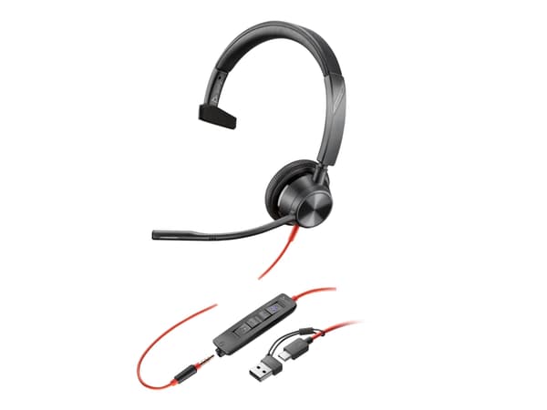 Poly Blackwire 3315 - Blackwire 3300 series - headset - på örat - kabelansluten - 3,5 mm kontakt, USB-C - svart - UC-certifierad, Certifierad för Mic