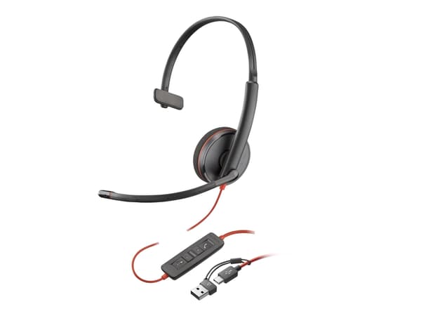 Poly Blackwire 3210 - Blackwire 3200 Series - hodesett - on-ear - kablet - USB-C - svart - UC-sertifisert, Certified for Skype for Business, Cisco Ja