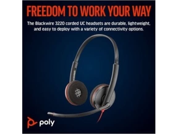 Poly Blackwire 3220 - Blackwire 3200 Series - kuulokkeet - on-ear - langallinen - aktiivinen melunvaimennus - USB-C - musta - Skype Certified, Avaya