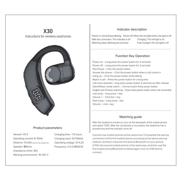 Bluetooth 5.4 yhden korvan kuulokkeet langattomat koukku Valkoinen