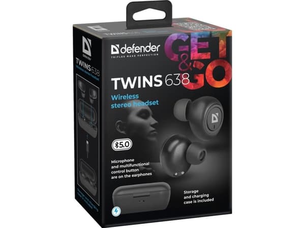 Defender Twins 638, Trådlös, Samtal/musik, 20 - 20000 hz, 40 g, Headset, Svart