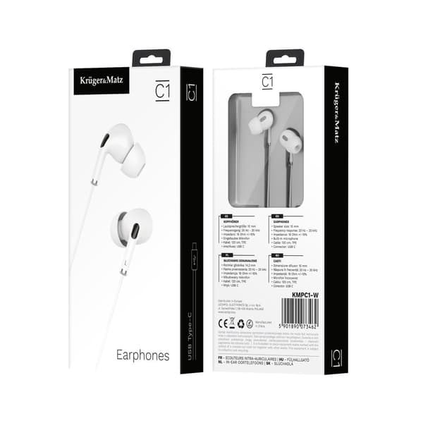 Kruger & Matz C1 in-ear kuulokkeet mikrofonilla USB-C:lle, valkoinen