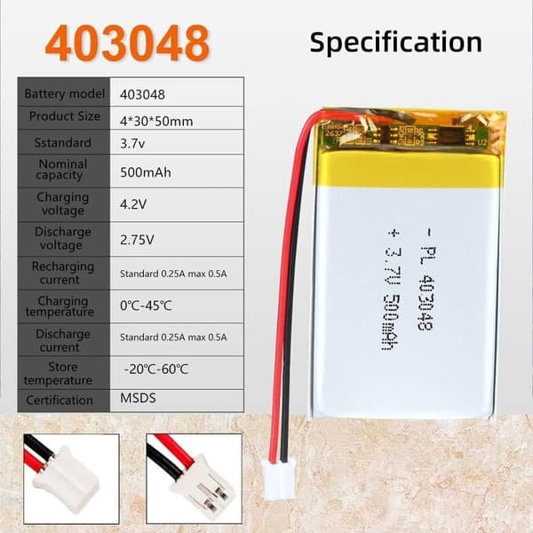 Yunique - Litiumbatteri 3.7V 500mAh Modell 403048 | Med skyddskrets | Uppladdningsbar, kompatibel med Bluetooth-hörlurar och TWS-hörlurar