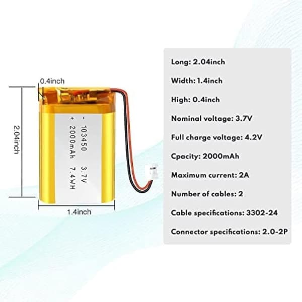 Yunique - litiumakku 3.7V 2000mAh malli 103450 | Suojapiirin kanssa | Ladattava, yhteensopiva Bluetooth- ja TWS-kuulokkeiden kanssa