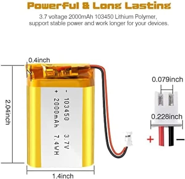 Yunique - litiumakku 3.7V 2000mAh malli 103450 | Suojapiirin kanssa | Ladattava, yhteensopiva Bluetooth- ja TWS-kuulokkeiden kanssa