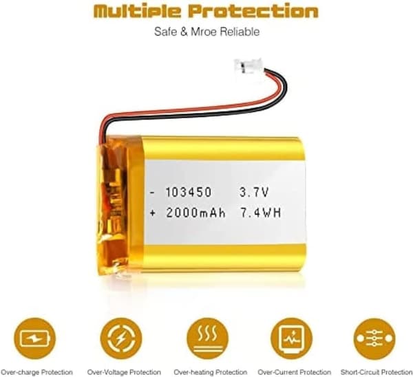 Yunique - litiumakku 3.7V 2000mAh malli 103450 | Suojapiirin kanssa | Ladattava, yhteensopiva Bluetooth- ja TWS-kuulokkeiden kanssa