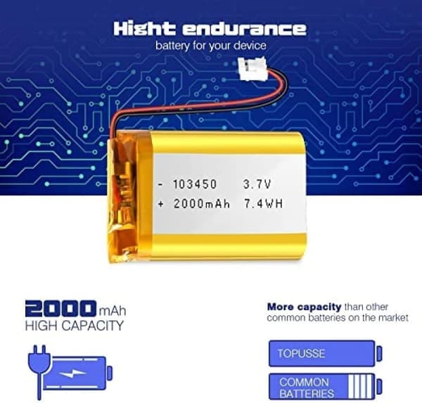 Yunique - litiumakku 3.7V 2000mAh malli 103450 | Suojapiirin kanssa | Ladattava, yhteensopiva Bluetooth- ja TWS-kuulokkeiden kanssa