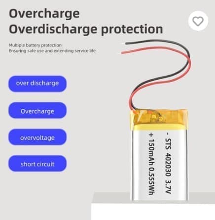 Yunique - Lithium batteri 3.7V 150mAh model 402030 | Med beskyttelseskredsløb | Genopladelig, kompatibel med Bluetooth- og TWS-øretelefoner