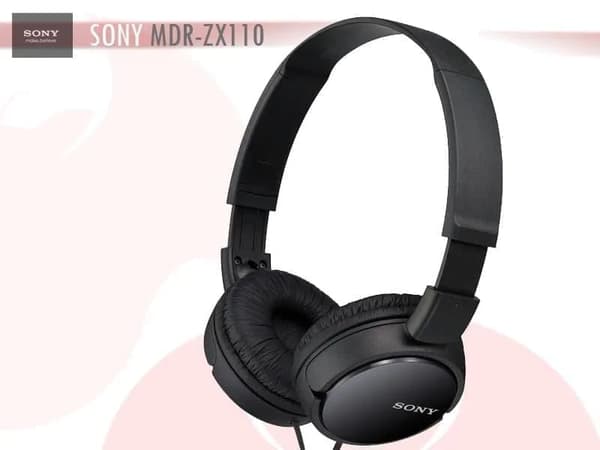 Sony MDR-ZX110 lätta hopfällbara on-ear-hörlurar som är kompatibla med smartphones, surfplattor, bärbara datorer och MP3-enheter - svart