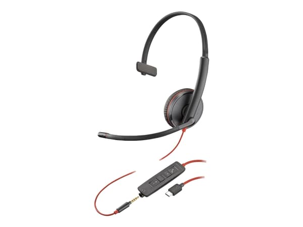 Poly Blackwire C3215 - Blackwire 3200 Series - headset - på örat - kabelansluten - USB-C, 3,5 mm kontakt - svart - Skype-certifierat, Cisco Jabber-ce