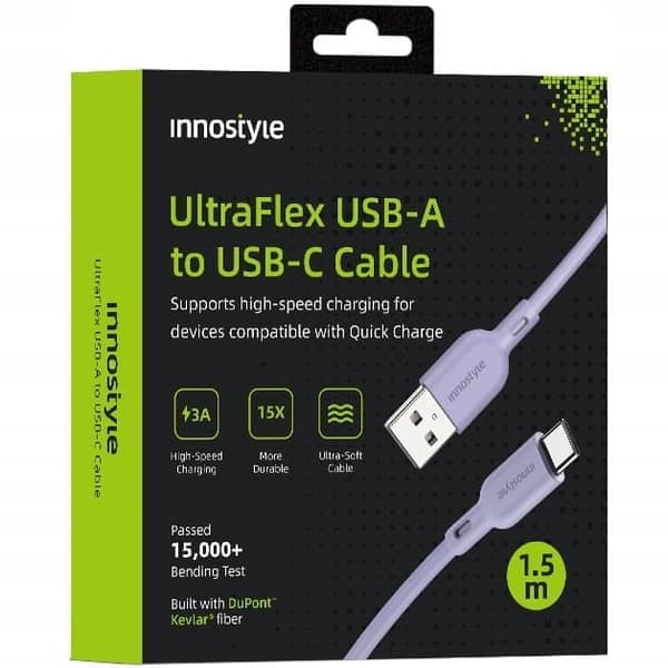 Innostyle Ultraflex USB-C Hurtigladningskabel for iPhone Samsung Qc 4.0 Kevlar 1,5m