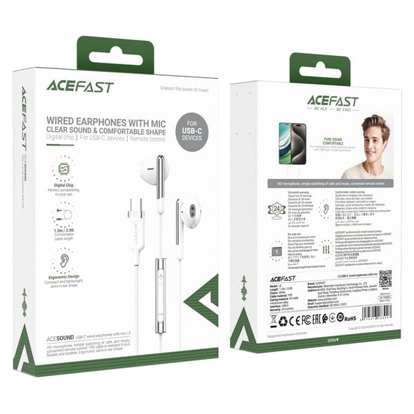 ACEFAST 1,2 m USB-C kablede hodetelefoner Mikrofonkontroll