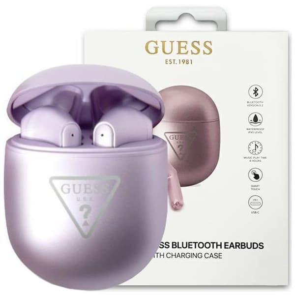 Guess Bluetooth-hodetelefoner GUTWST82TRU TWS + dokkingstasjon lilla/lilla trekantlogo