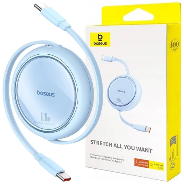 Baseus Free2Draw Mini USB-C - USB-C 100W 1m uttrekkbar kabel - blå