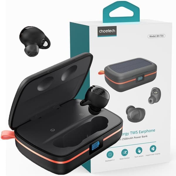 Choetech TWS vanntette trådløse hodetelefoner med solcellepanel og innebygd 2500mAh Power Bank Black (BH-T05)