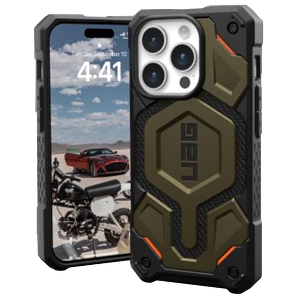 UAG Monarch Pro - beskyttelsesdeksel for iPhone 15 Pro, kompatibel med MagSafe (Kevlar element grønn)