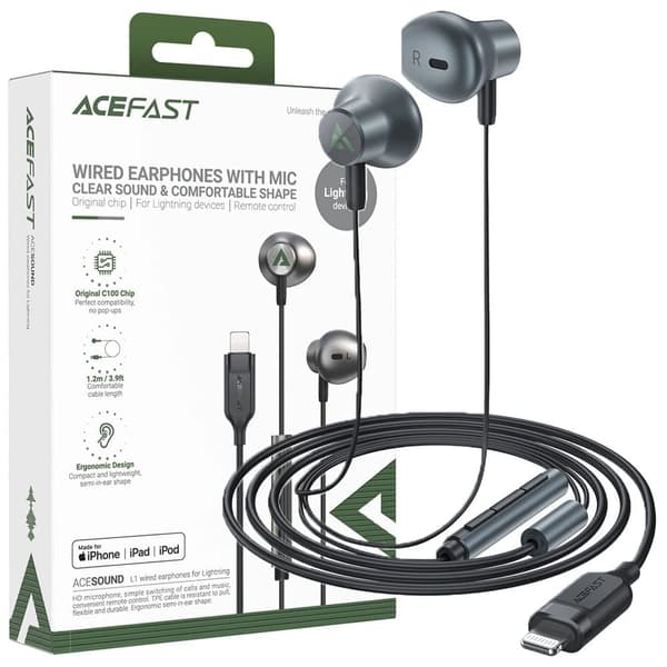 Acefast L1 in-ear-hodetelefoner med 1,2 m Lightning-kontakt - svart