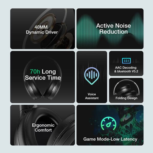 Trådløst headset ANC bluetooth headset Aktiv støjreducerende 40 mm store drivere AAC Audio 70h Playtime Bærbare hovedtelefoner med mikrofon